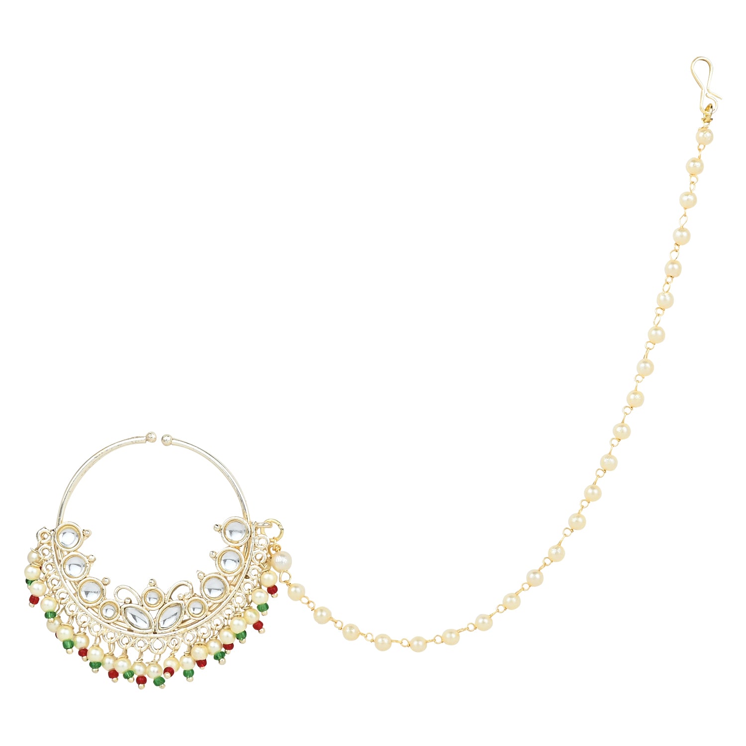 Etnico Gold Plated Traditional Ethnic Bridal Nose Ring/Nath Without Piercing with Pearl Chain Encased with Pearl Stone for Women/Girls (NL70W)