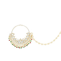 Etnico Gold Plated Traditional Ethnic Bridal Nose Ring/Nath Without Piercing with Pearl Chain Encased with Pearl Stone for Women/Girls (NL70W)