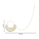 Etnico Gold Plated Traditional Ethnic Bridal Nose Ring/Nath Without Piercing with Pearl Chain Encased with Pearl Stone for Women/Girls (NL70W)