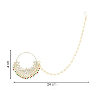 Etnico Gold Plated Traditional Ethnic Bridal Nose Ring/Nath Without Piercing with Pearl Chain Encased with Pearl Stone for Women/Girls (NL70W)