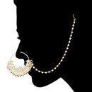 Etnico Gold Plated Traditional Ethnic Bridal Nose Ring/Nath Without Piercing with Pearl Chain Encased with Pearl Stone for Women/Girls (NL70W)