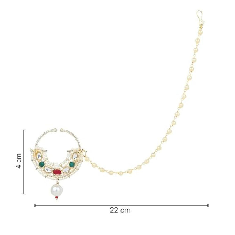 Etnico Gold Plated Traditional Ethnic Bridal Nose Ring/Nath Without Piercing with Pearl Chain Encased with Pearl Stone for Women/Girls (NL71MG)