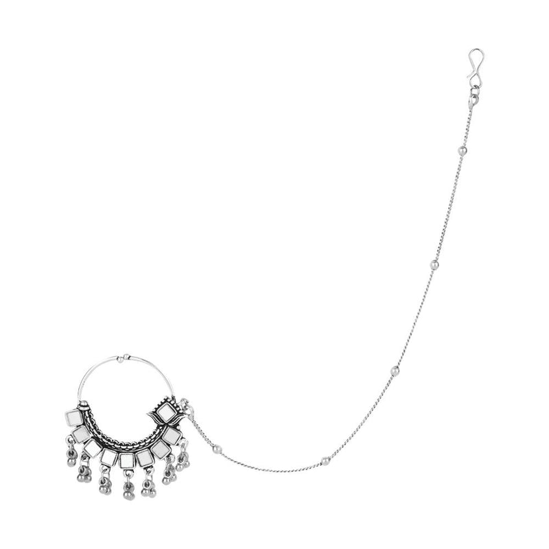 Etnico Silver Oxidised Ethnic Nose Ring/Nath Non piercing Ghungroo with Chain For Woman (NL85OX)