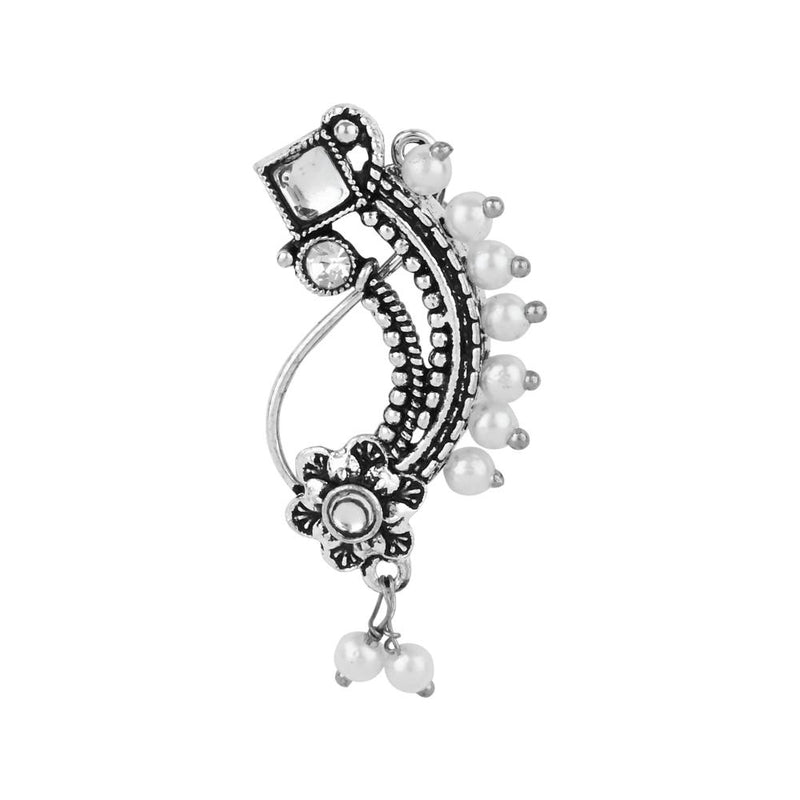 Etnico Silver Plated Traditional Maharashtrian Non Piercing White Pearl Nath, Nose Pin For Women (NL89OX)