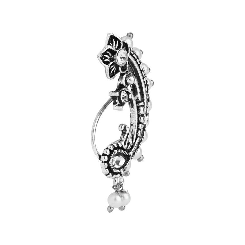 Etnico Silver Plated Traditional Maharashtrian Non Piercing Floral Design White Pearl Nath, Nose Pin For Women (NL90OX)