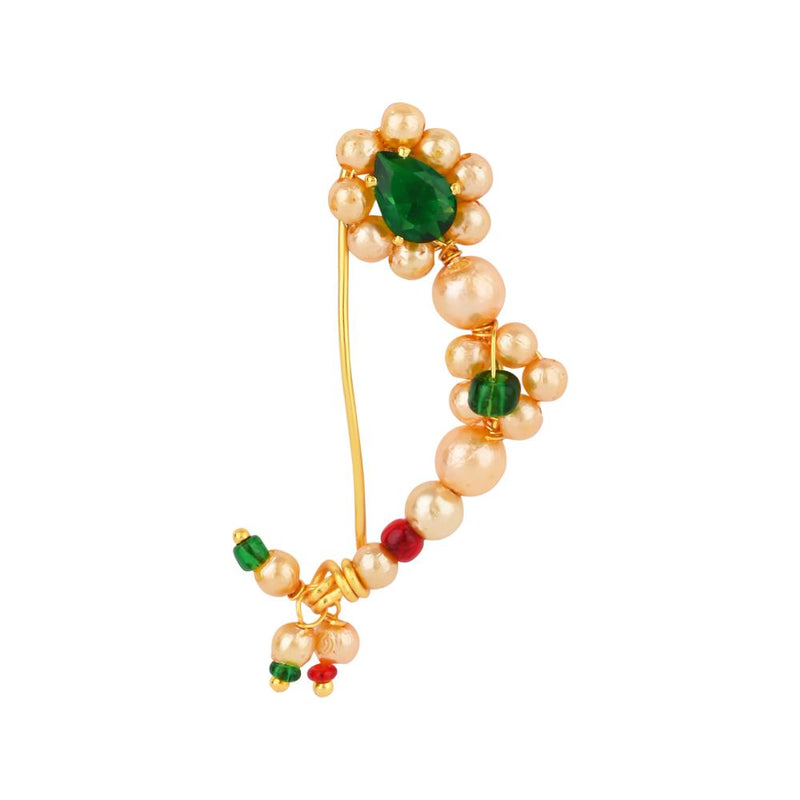 Etnico Maharashtrian Ethnic Gold-Plated Non Piercing White Pearl Nath Clip-On Nose Pin for Women (NL91QG)