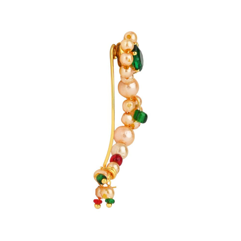 Etnico Maharashtrian Ethnic Gold-Plated Non Piercing White Pearl Nath Clip-On Nose Pin for Women (NL91QG)