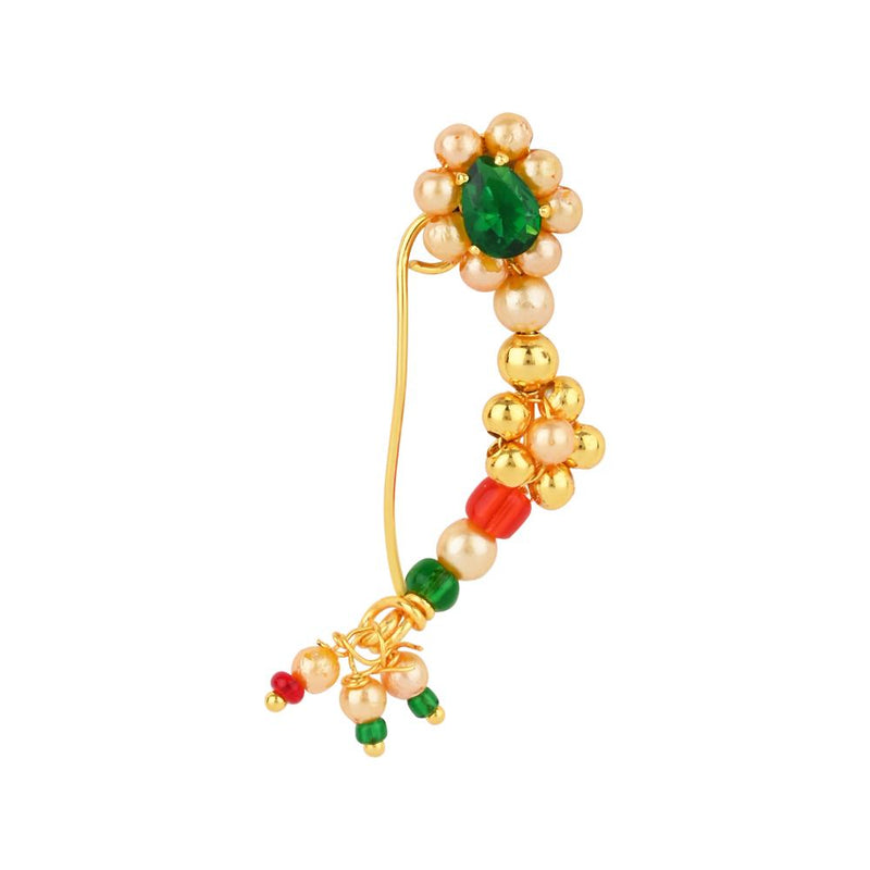 Etnico Maharashtrian Ethnic Gold-Plated Non Piercing White Pearl Nath Clip-On Nose Pin for Women (NL92QG)