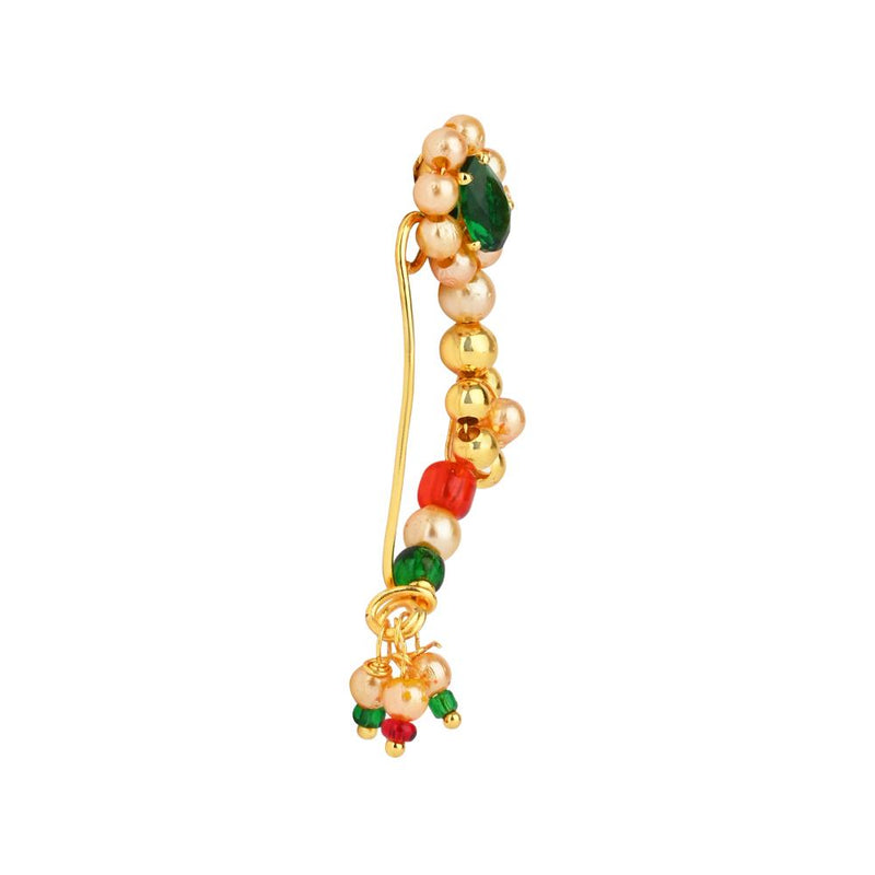 Etnico Maharashtrian Ethnic Gold-Plated Non Piercing White Pearl Nath Clip-On Nose Pin for Women (NL92QG)