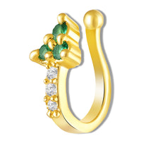 Mahi Gold Tone Green & White Crystals Non-Piercing Triangular Cluster Hoop Adjustable Nose Ring for Women (NR1100174GGre)