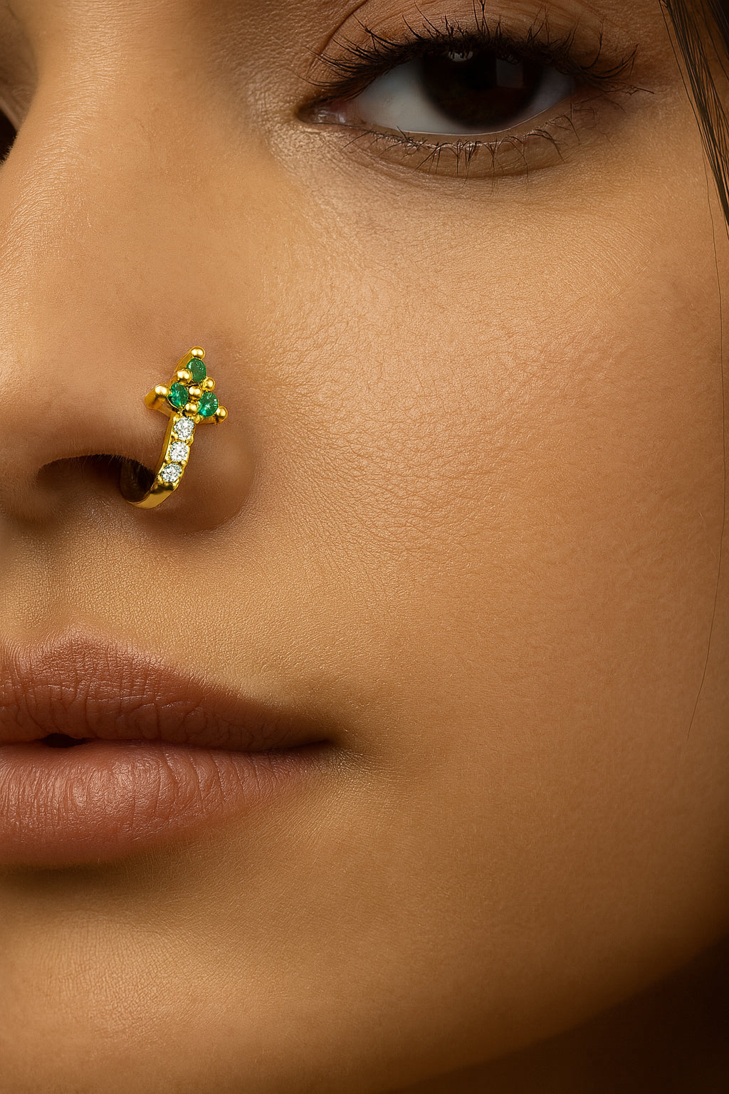 Mahi Gold Tone Green & White Crystals Non-Piercing Triangular Cluster Hoop Adjustable Nose Ring for Women (NR1100174GGre)