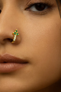 Mahi Gold Tone Green & White Crystals Non-Piercing Triangular Cluster Hoop Adjustable Nose Ring for Women (NR1100174GGre)