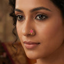 Mahi Gold Plated Red Ruby Non-Piercing Floral Cluster Adjustable Nose Ring | U-Shape Nath Style for Women (NR1100175GRed)