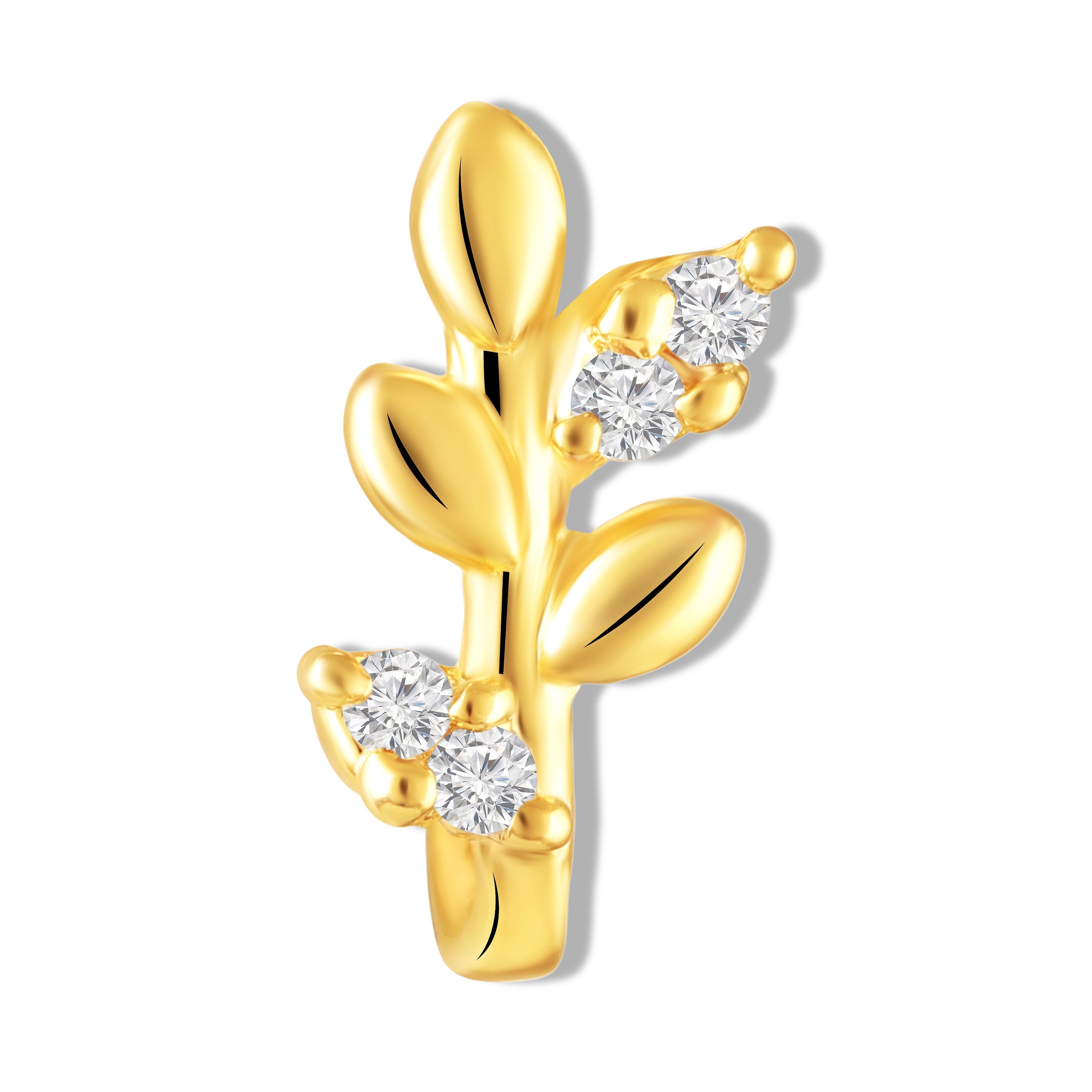 Mahi Gold Plated White Crystals Leaf Shaped Designer Non-Piercing Nose Ring | Vine Nose Pin for Women (NR1100176GWhi)