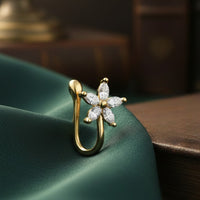 Mahi Floral Crystals Studded Non-Piercing Adjustable 5-Petal Flower Design Nose Ring | Lightweight Floral Nose Pin for Women (NR1100178GWhi)