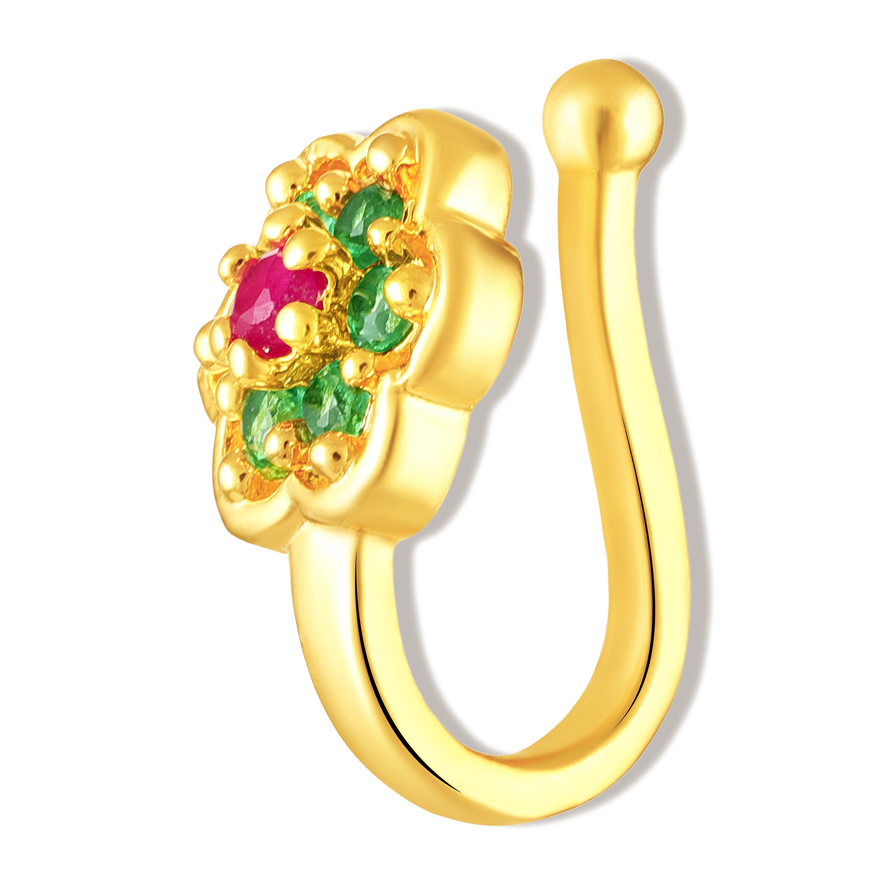 Mahi Gold-Tone Non-Piercing Floral Adjustable Nose Ring with Red & Green Crystals for Women (NR1100179GMul)