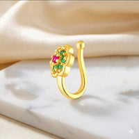Mahi Gold-Tone Non-Piercing Floral Adjustable Nose Ring with Red & Green Crystals for Women (NR1100179GMul)