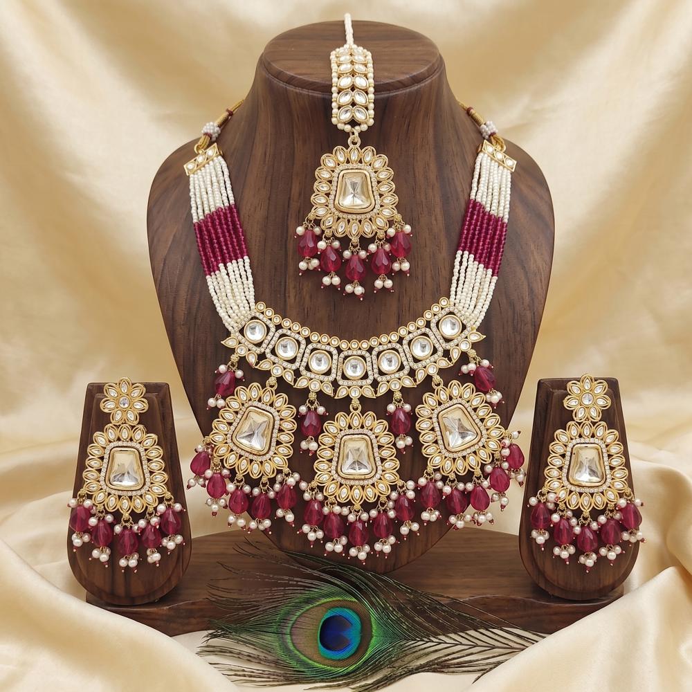 Js Fashion  Clustered Pearl High Gold Polish Fancy Design Party wear Beautiful Kundan Stones Kundan Choker Style Necklace Set