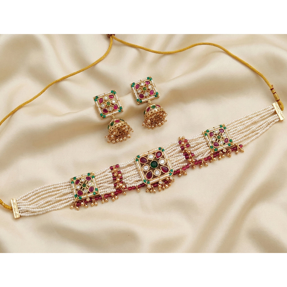 Js Fashion Stunning High Gold Pota Stone And Pearl Choker Necklace Set