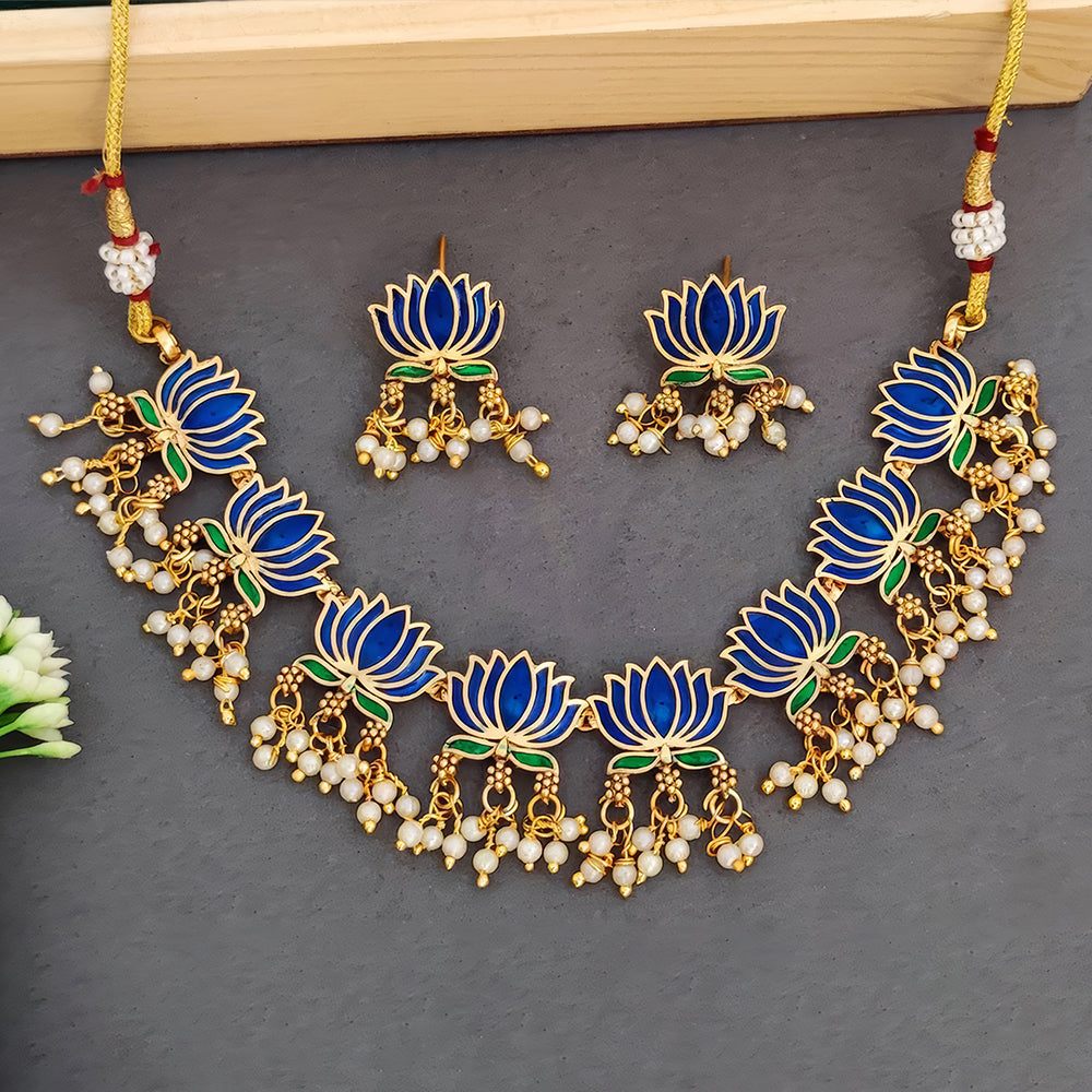 Js Fashion Exquisite Lotus Shaped Pearl Meenakari Necklace Set
