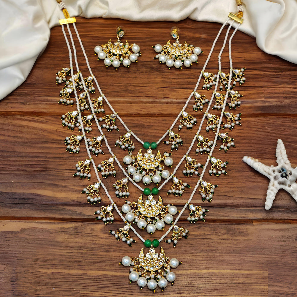 Js Fashion Premium Multi-Layer Kundan Pearl And Beads Long Necklace Set