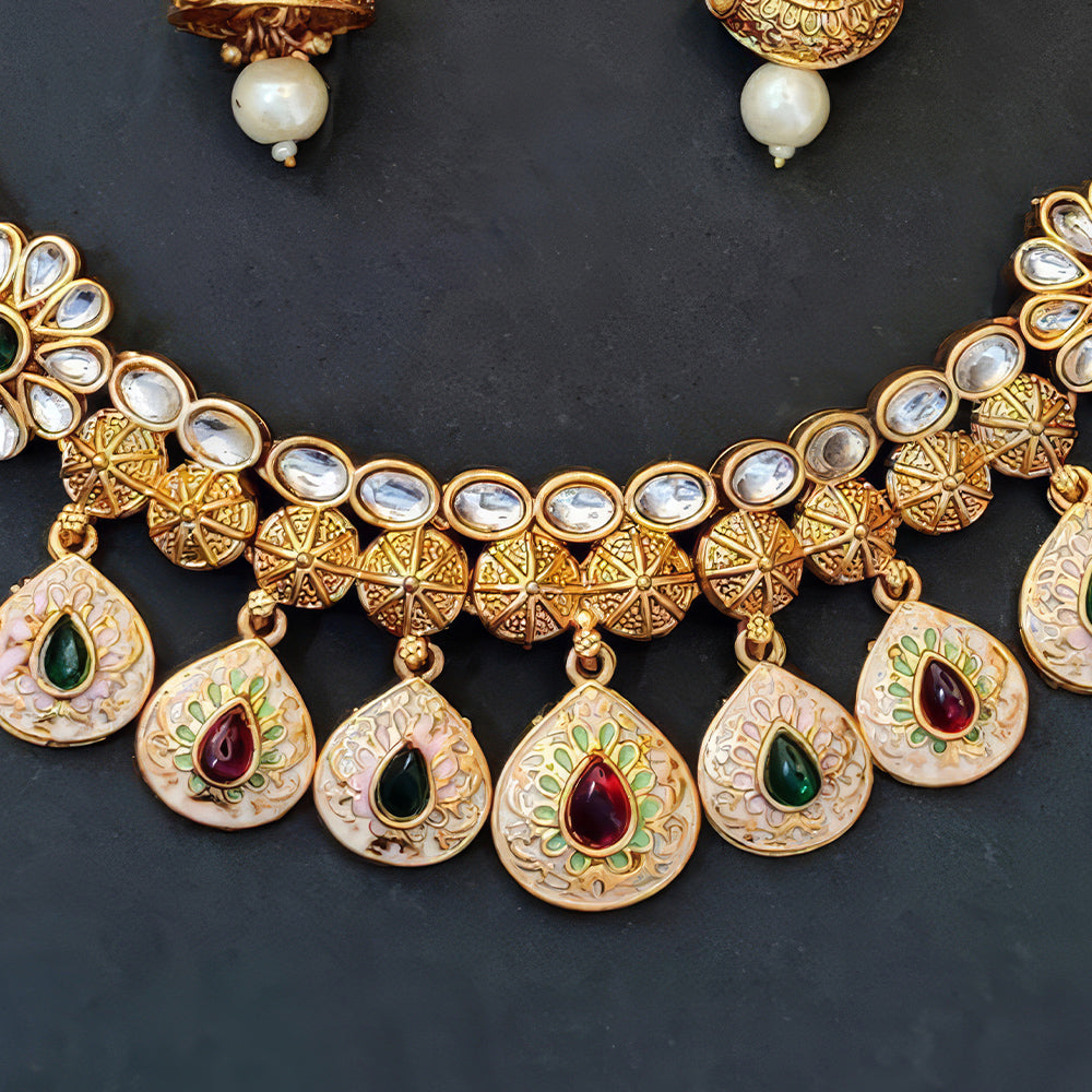 Js Fashion Royal Pota Stone And Meenakari Necklace Set