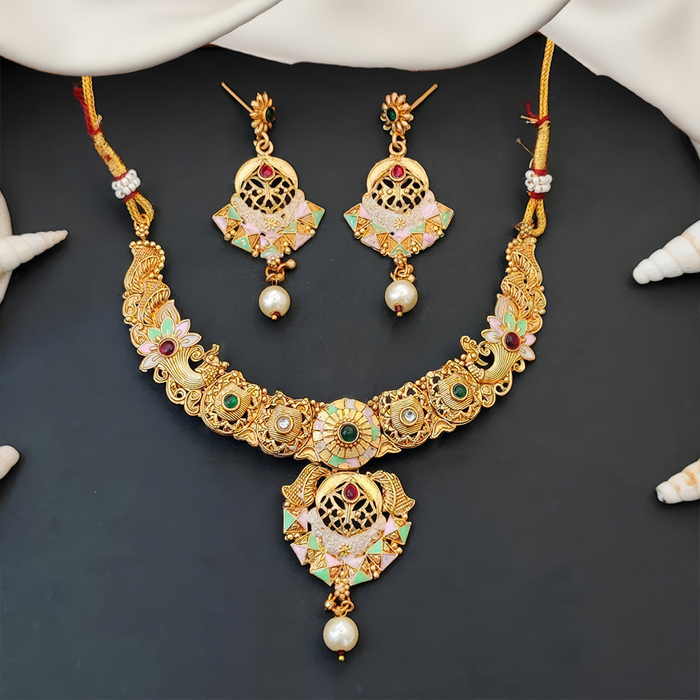 Js Fashion Premium Pota Stone And Pearl Meenakari Necklace Set