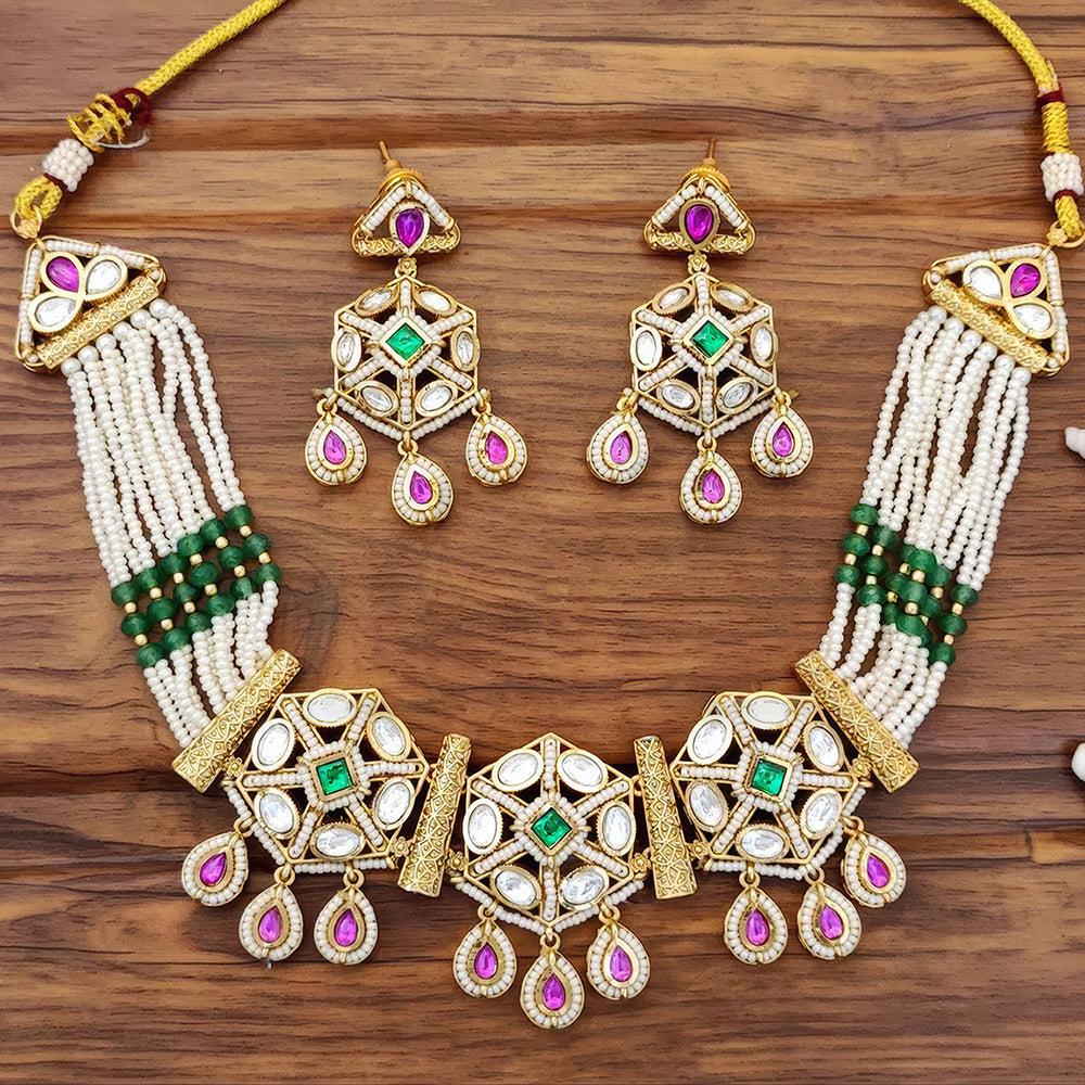 JS Fashion Premium Rajwadi Polish Pota Stone And Pearl Choker Necklace Set