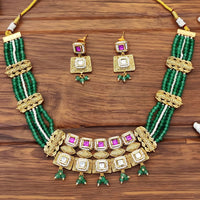 JS Fashion Premium Rajwadi Polish Pota Stone And Pearl Choker Necklace Set
