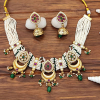 JS Fashion Premium Rajwadi Polish Pota Stone And Pearl Choker Necklace Set