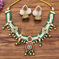 JS Fashion Premium Rajwadi Polish Pota Stone And Pearl Choker Necklace Set