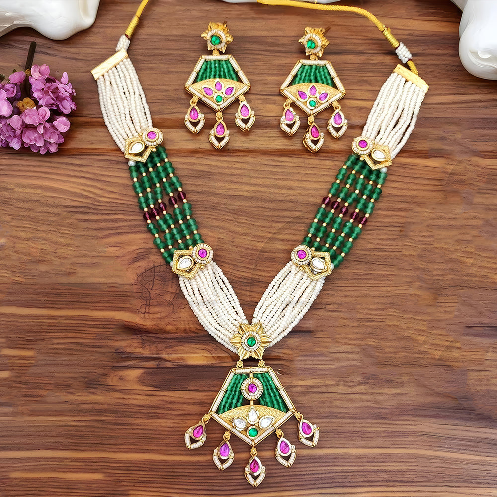 JS Fashion Premium Rajwadi Polish Pota Stone And Pearl Necklace Set