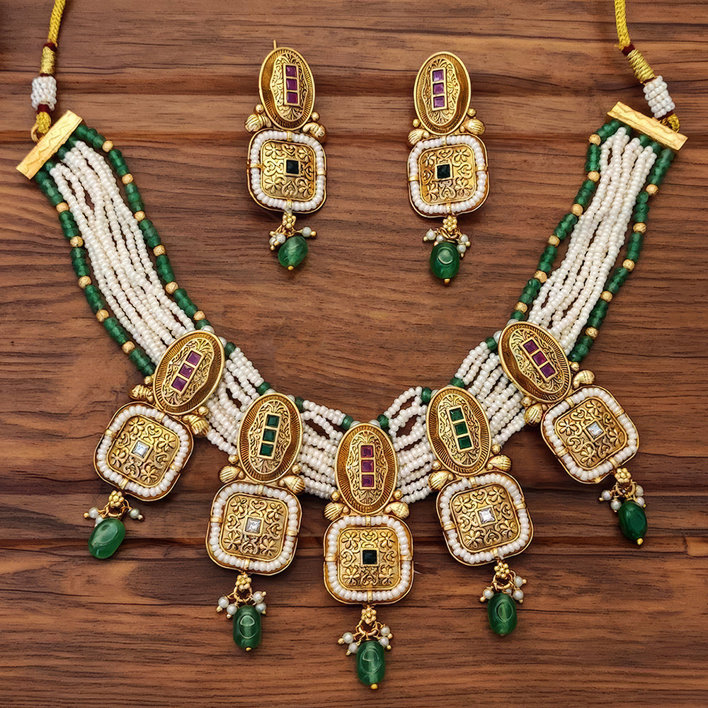 JS Fashion Premium Rajwadi Polish Pota Stone And Pearl Choker Necklace Set