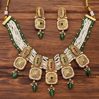 JS Fashion Premium Rajwadi Polish Pota Stone And Pearl Choker Necklace Set