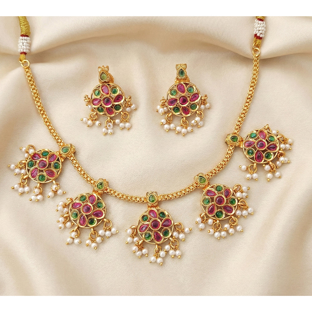JS Fashion Premium Rajwadi Polish Pota Stone And Pearl Necklace Set