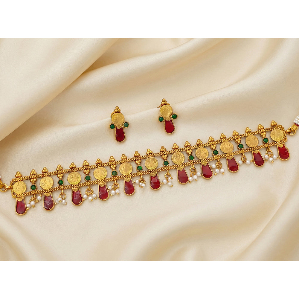 JS Fashion Premium Rajwadi Polish Pota Stone And Pearl Temple Choker Necklace Set