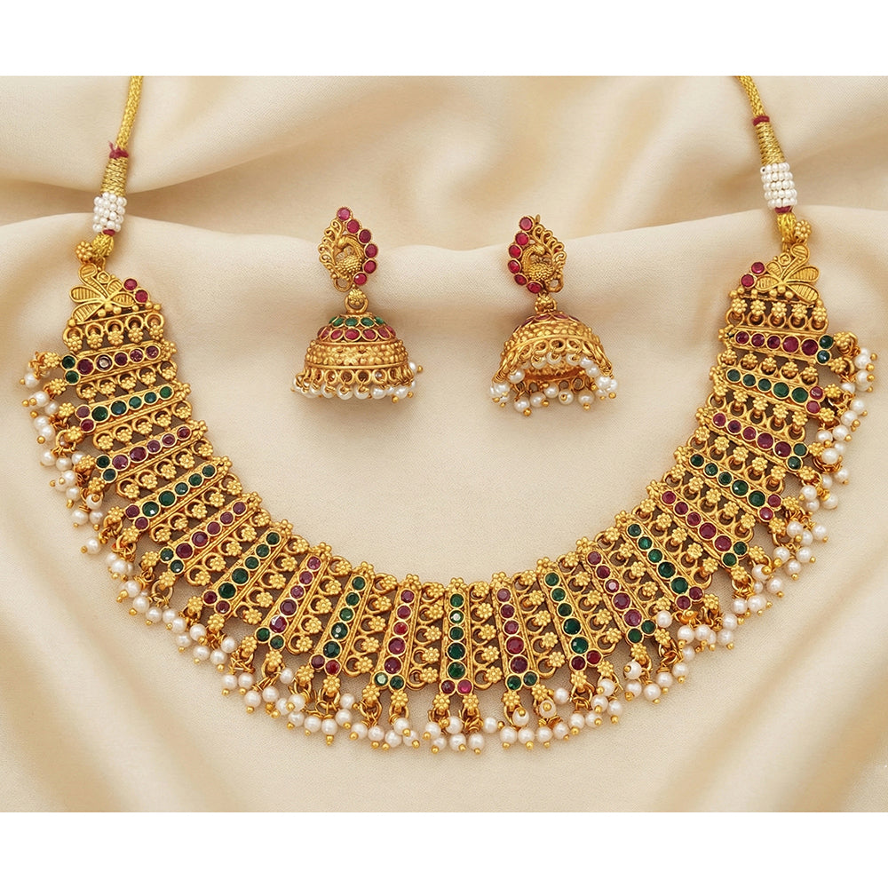 JS Fashion Premium Rajwadi Polish Pota Stone And Pearl Necklace Set
