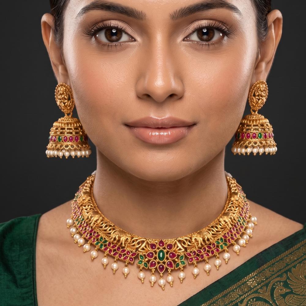 Js Fashion  Traditional Temple Necklace Set With Green Stones Pearl Drops