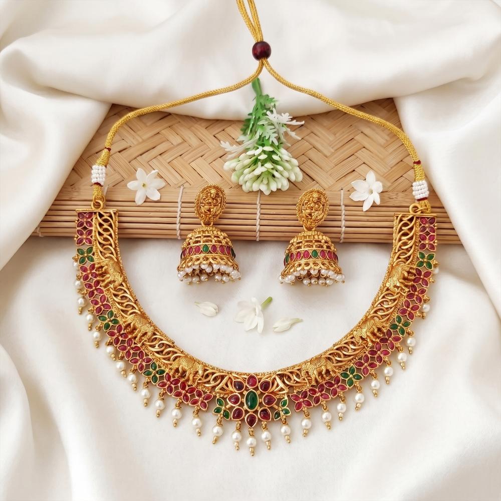 Js Fashion  Traditional Temple Necklace Set With Green Stones Pearl Drops