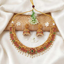 Js Fashion  Traditional Temple Necklace Set With Green Stones Pearl Drops