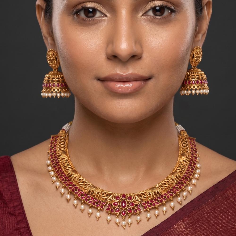 Js Fashion  Traditional Temple Necklace Set With Green Stones Pearl Drops