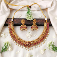 Js Fashion  Traditional Temple Necklace Set With Green Stones Pearl Drops