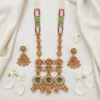 Js Fashion  Premium Rajwadi Polish Necklace Set Featuring Green Pink Stones