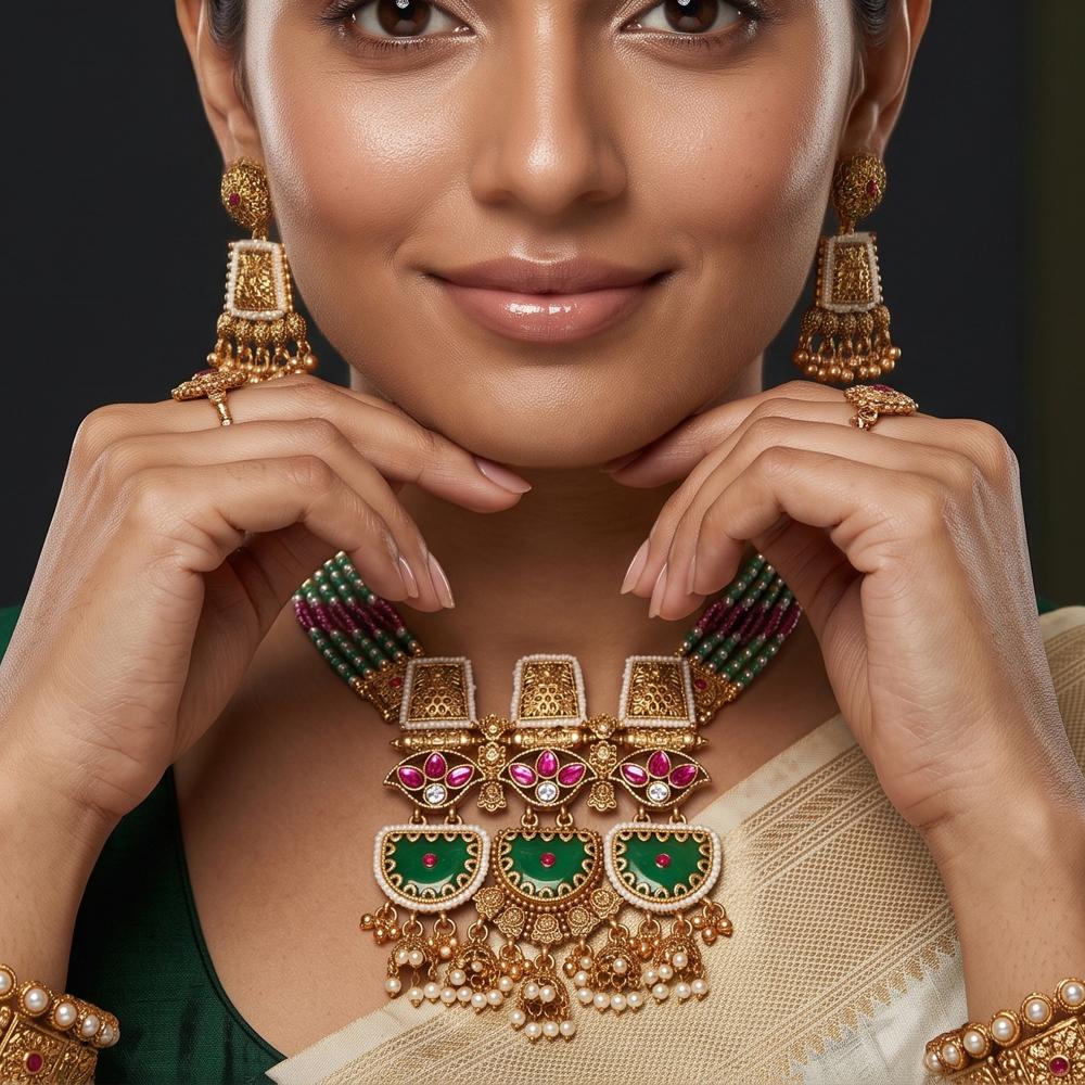 Js Fashion  Royal Rajwadi Polish Antique Necklace Set With Elegant Matching Earrings