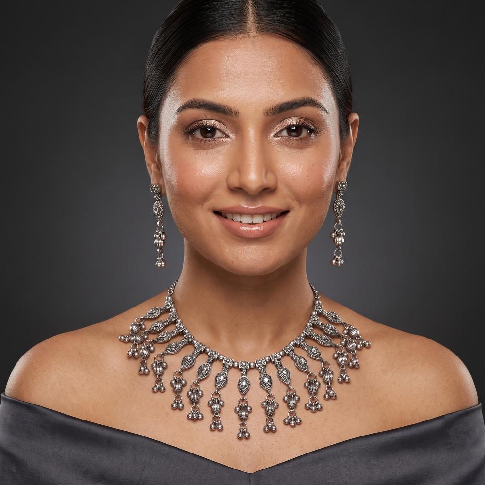 Js Fashion  Oxidized Silver Necklace Set with Matching Dangle Earrings Design