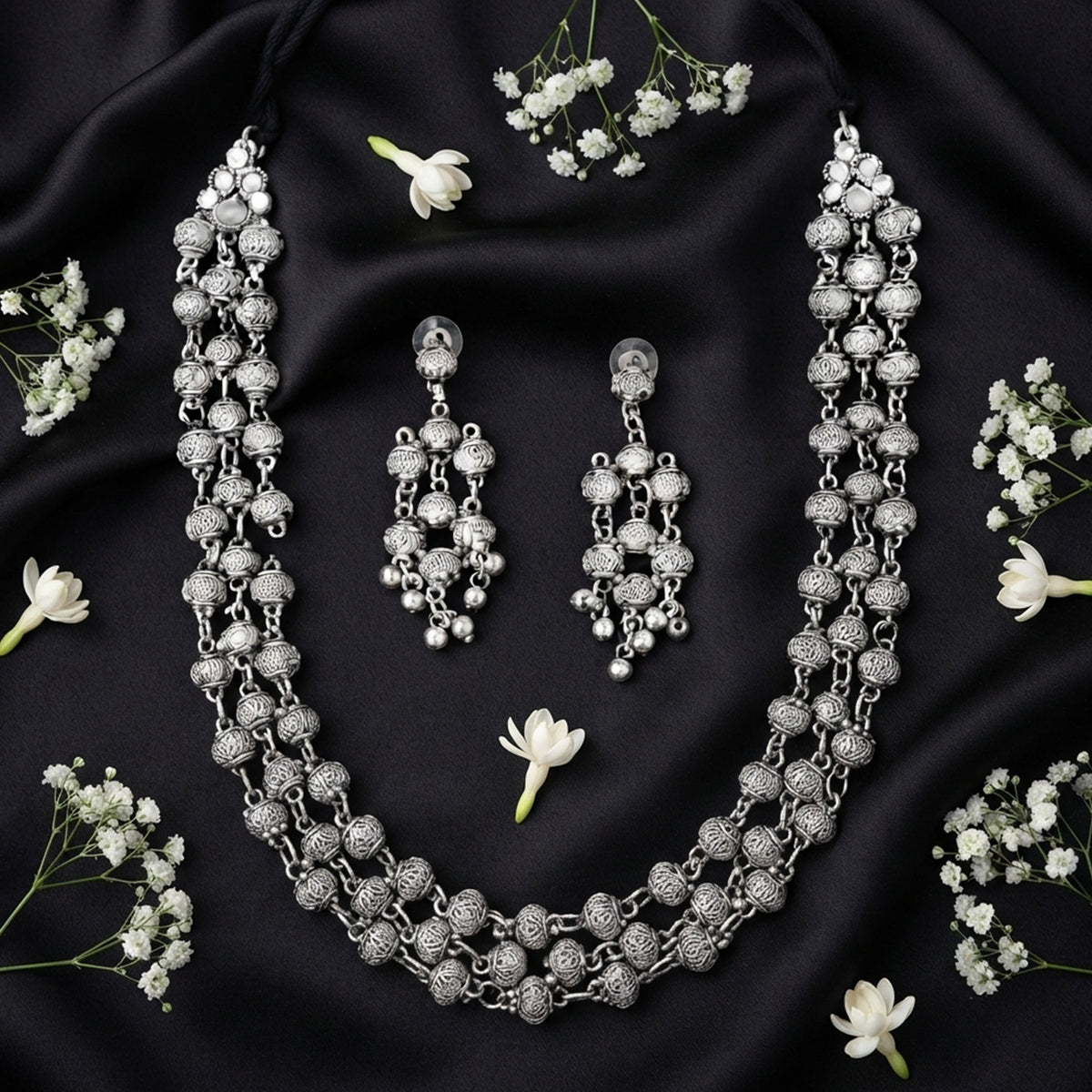 Js Fashion Oxidized Silver Beaded Designer Necklace Set