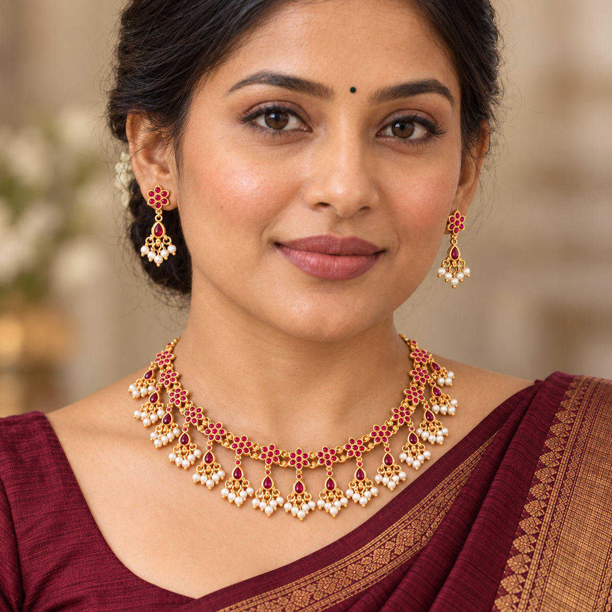 Js Fashion Beautiful Pota Stone And Pearl Necklace Set With Maching Earrings