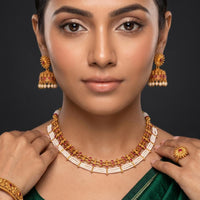 Js Fashion  Premium Antique Full Stone Pearl Necklace Set with Earrings