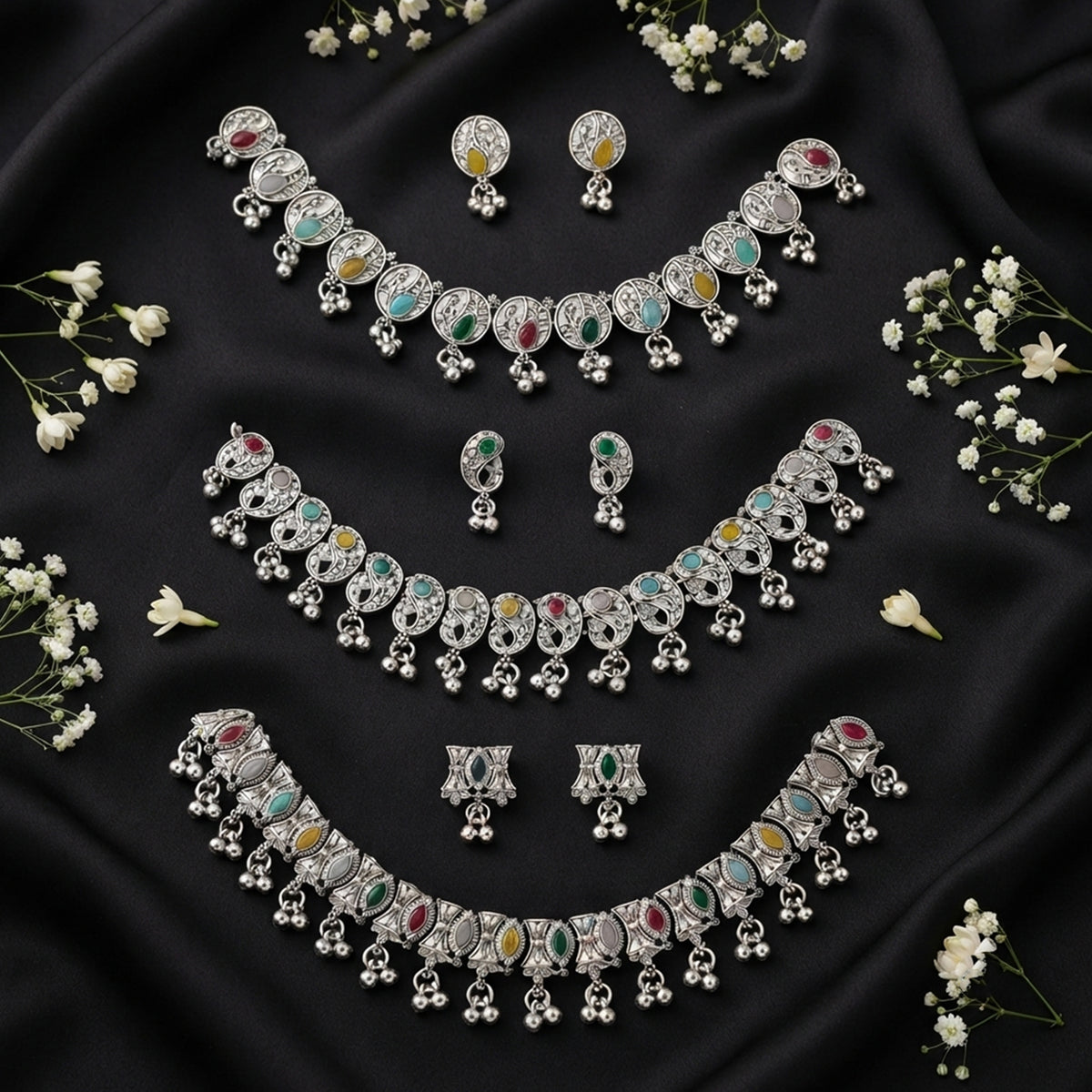 Js Fashion Oxidized Silver Beaded Designer Necklace Set