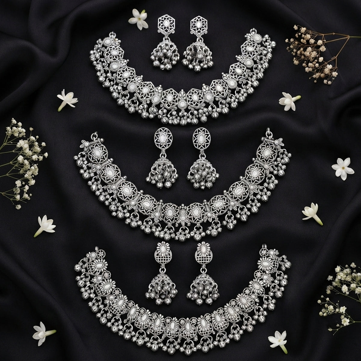 Js Fashion Oxidized Silver Beaded Designer Necklace Set
